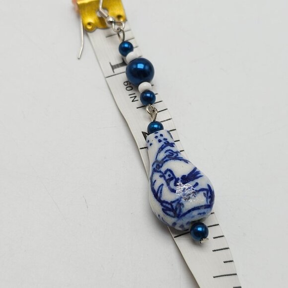 Blue White Bird Asian Ceramic Glass Dangle Drop Earrings Silver Tone Vintage - Picture 4 of 4